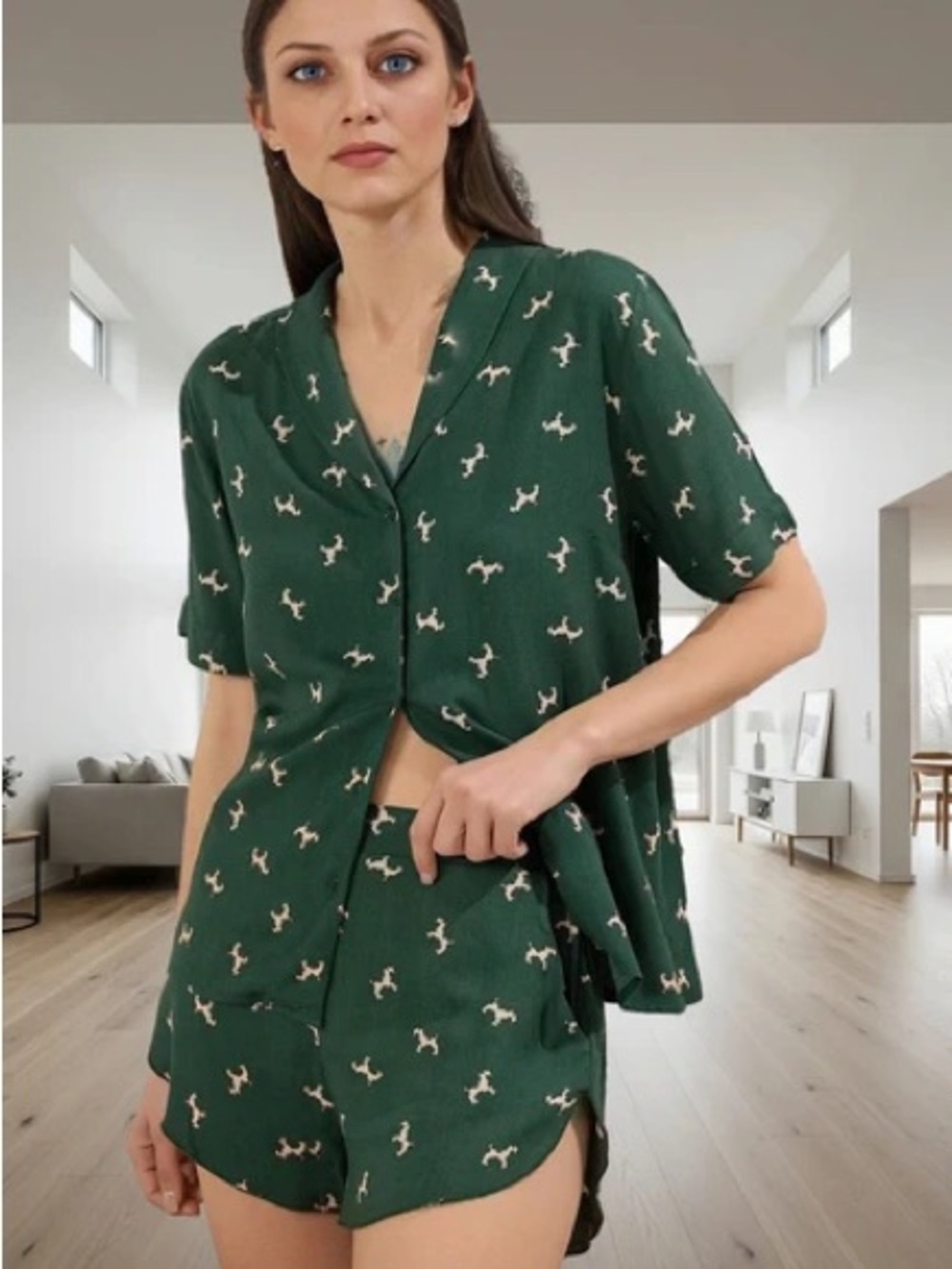 Anthropologie Green Short-Sleeve Button Down with Cream Dog Print pajama set